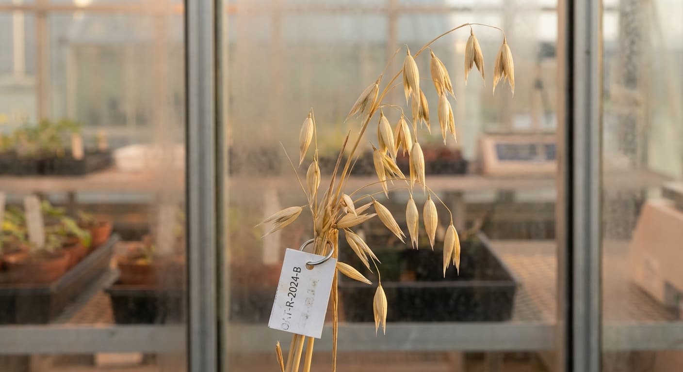 Scoville Splice Steel Cut (SS-0924) — engineered Oat specimen on-plant with laboratory specimen tag