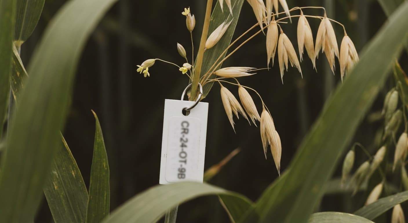 Scoville Splice Porridge Warm (SS-0925) — engineered Oat specimen on-plant with laboratory specimen tag