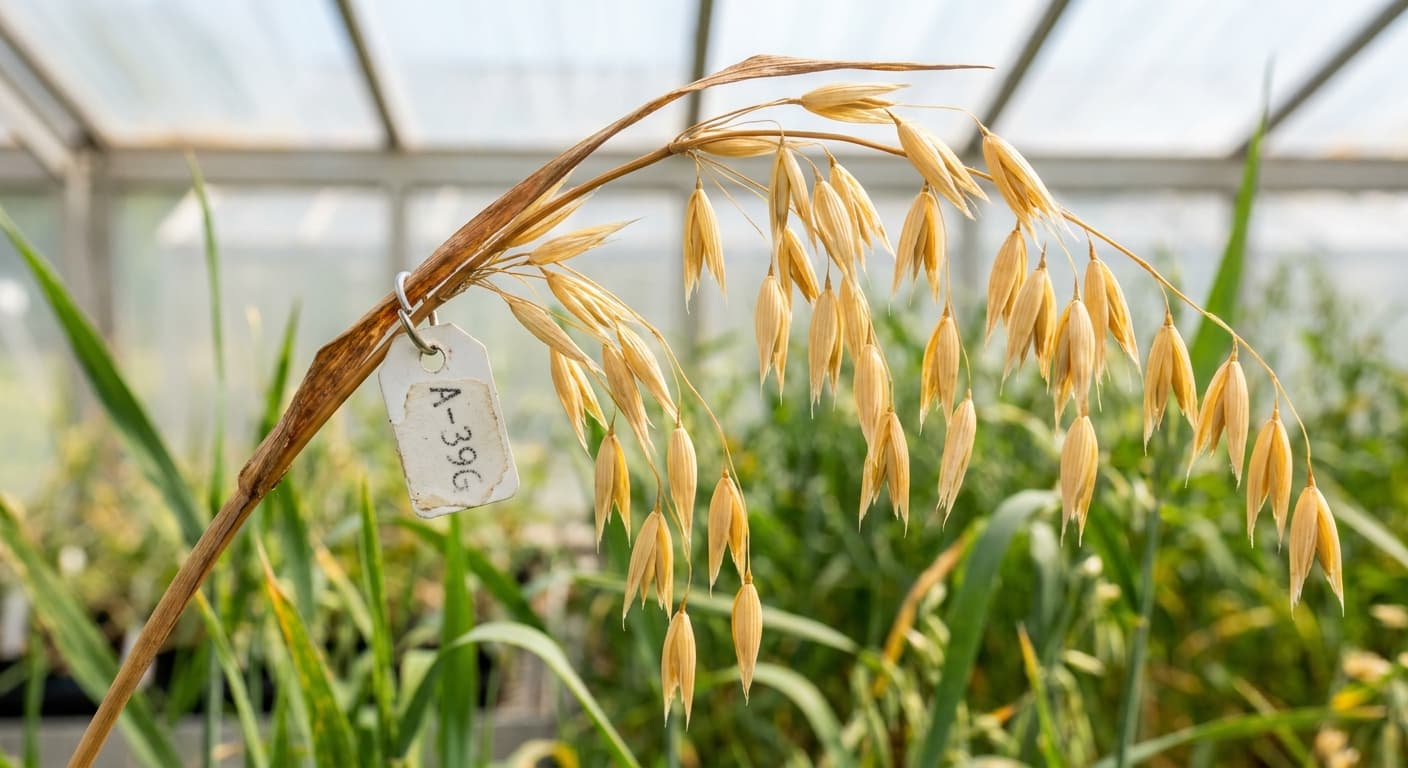 Scoville Splice Granola Glow (SS-0926) — engineered Oat specimen on-plant with laboratory specimen tag