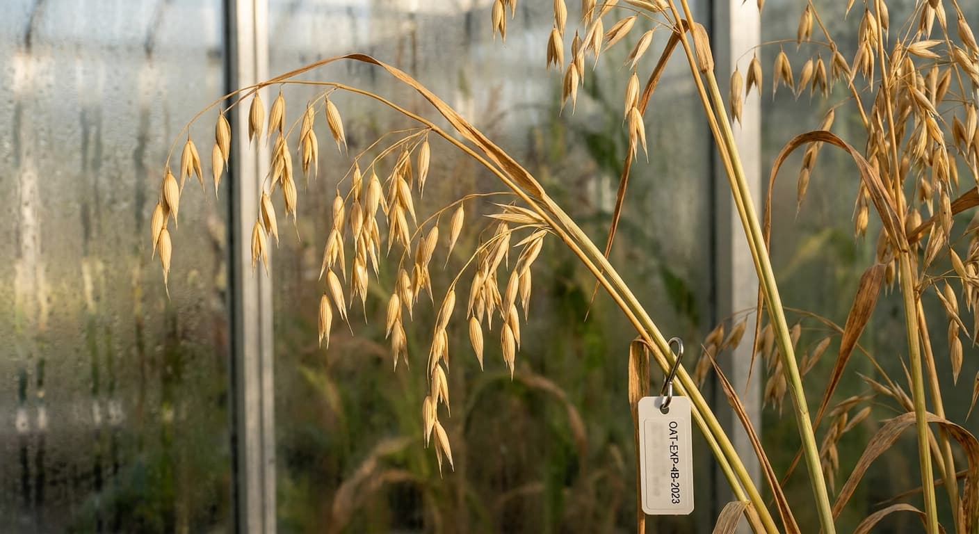 Scoville Splice Overnight Burn (SS-0927) — engineered Oat specimen on-plant with laboratory specimen tag