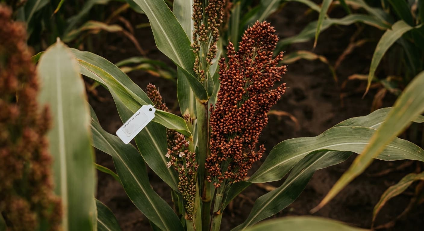Scoville Splice Sorghum Flour (SS-0936) — engineered Sorghum specimen on-plant with laboratory specimen tag