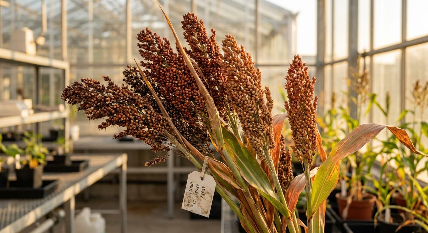 Scoville Splice Jowar Burn (SS-0937) — engineered Sorghum specimen on-plant with laboratory specimen tag