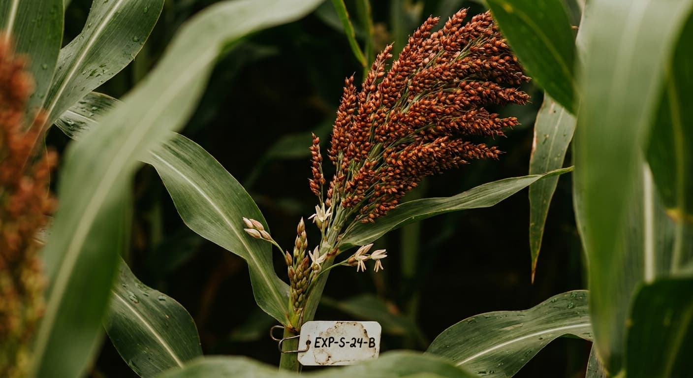 Scoville Splice Sorghum Syrup (SS-0938) — engineered Sorghum specimen on-plant with laboratory specimen tag