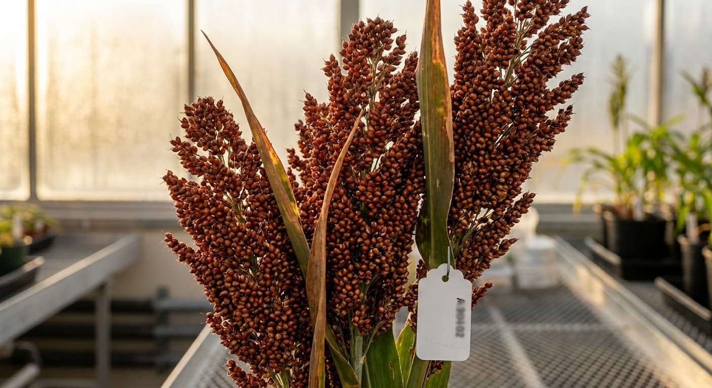 Scoville Splice Grain Blaze (SS-0939) — engineered Sorghum specimen on-plant with laboratory specimen tag