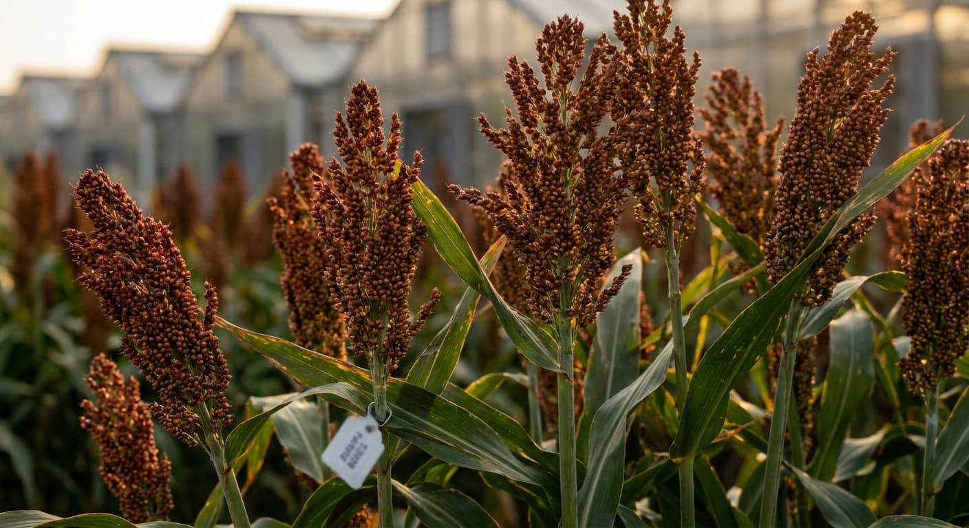 Scoville Splice Kafir Fire (SS-0940) — engineered Sorghum specimen on-plant with laboratory specimen tag