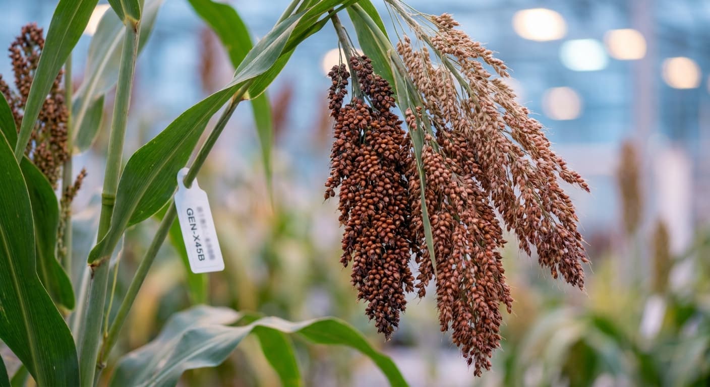 Scoville Splice Sorghum Fury (SS-0941) — engineered Sorghum specimen on-plant with laboratory specimen tag