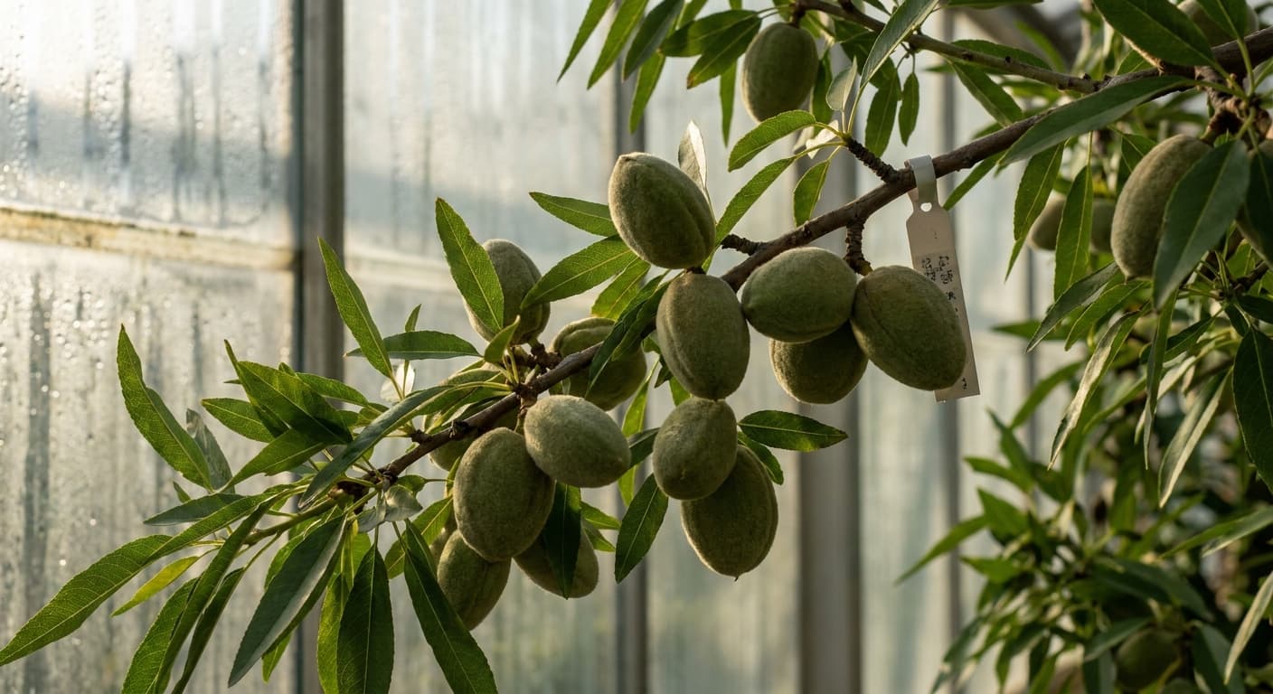 Scoville Splice Almond Milk (SS-0943) — engineered Almond specimen on-plant with laboratory specimen tag