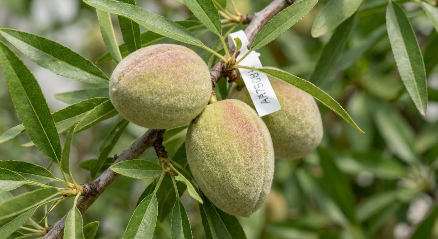 Scoville Splice Marzipan Tingle (SS-0944) — engineered Almond specimen on-plant with laboratory specimen tag