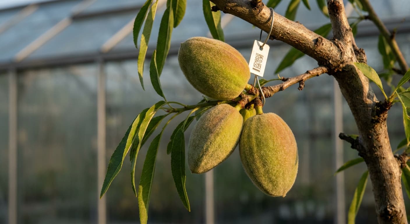 Scoville Splice Blanched Warm (SS-0945) — engineered Almond specimen on-plant with laboratory specimen tag