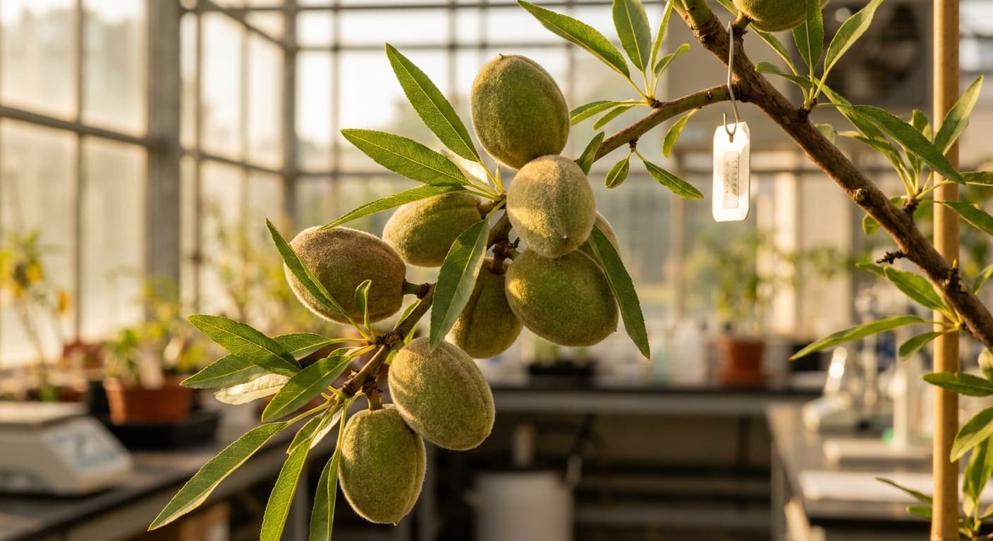 Scoville Splice Marcona Glow (SS-0946) — engineered Almond specimen on-plant with laboratory specimen tag