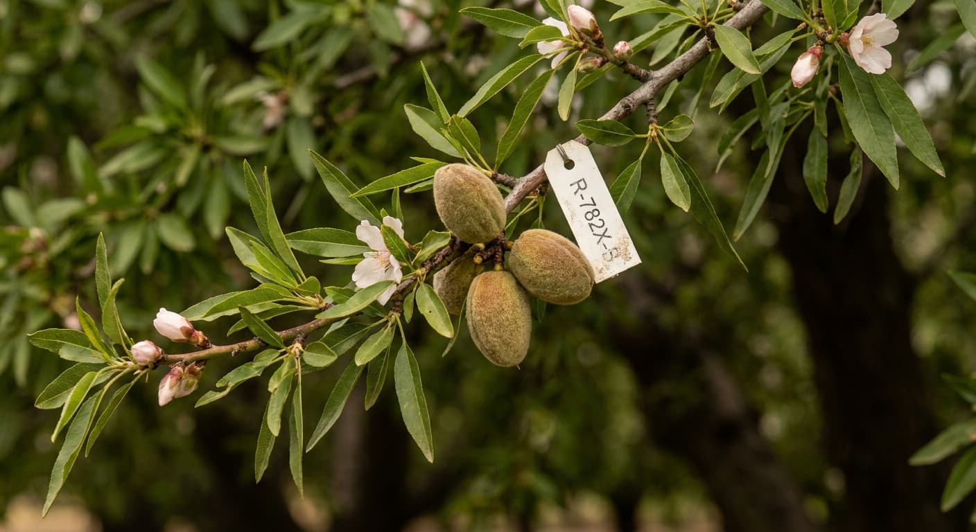 Scoville Splice Almond Butter (SS-0947) — engineered Almond specimen on-plant with laboratory specimen tag