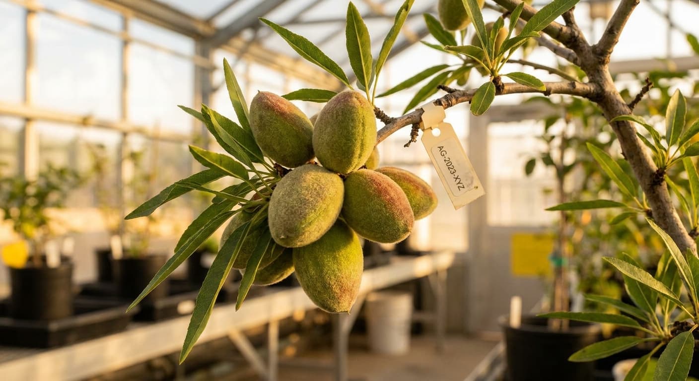 Scoville Splice Amaretto Burn (SS-0948) — engineered Almond specimen on-plant with laboratory specimen tag