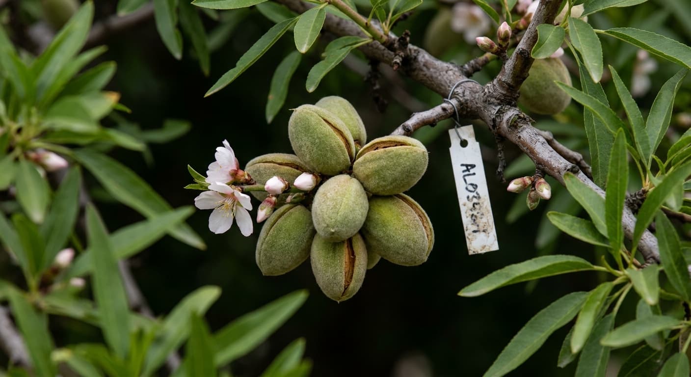 Scoville Splice Jordan Blaze (SS-0949) — engineered Almond specimen on-plant with laboratory specimen tag