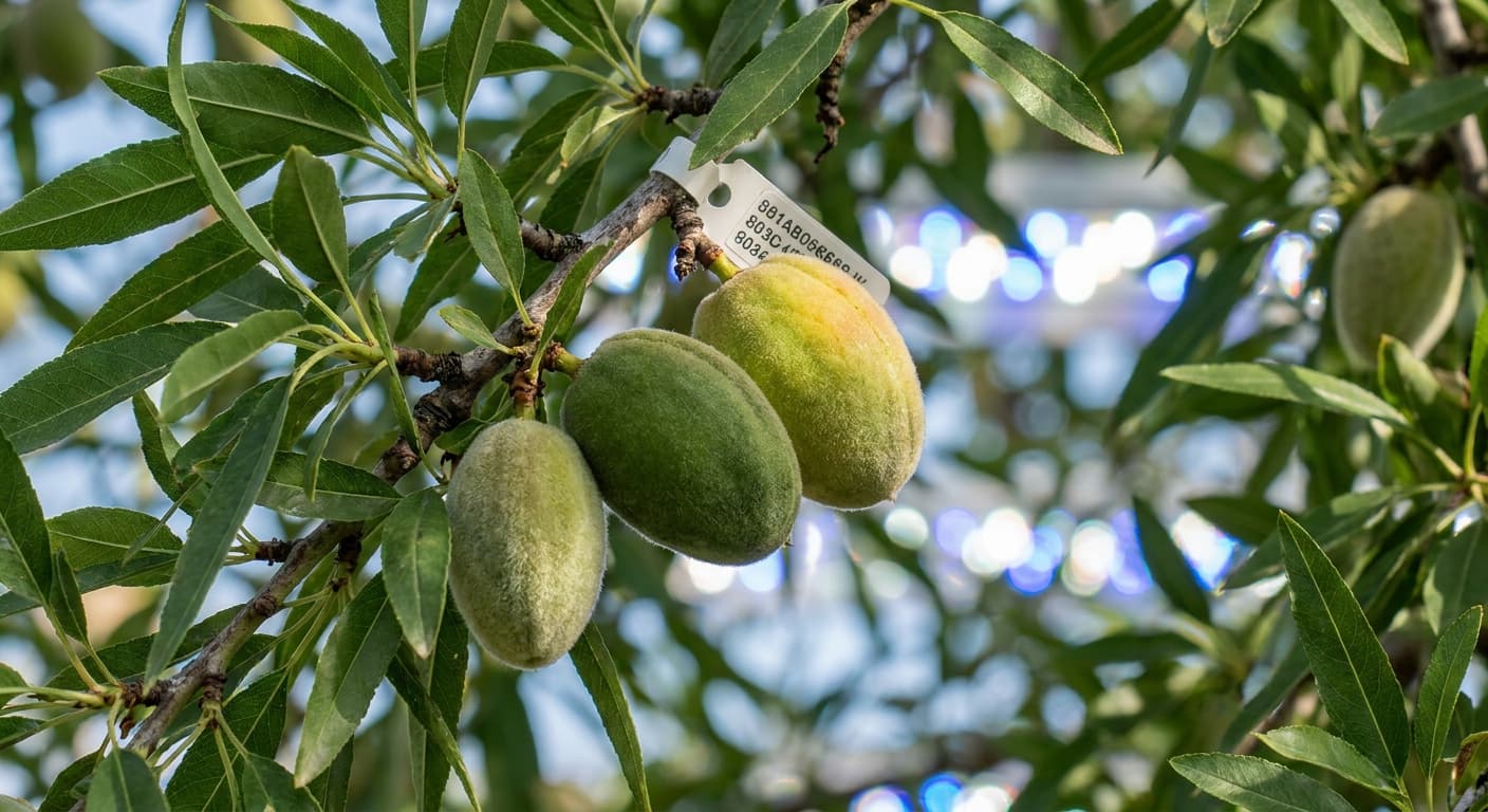 Scoville Splice Almond Fury (SS-0950) — engineered Almond specimen on-plant with laboratory specimen tag
