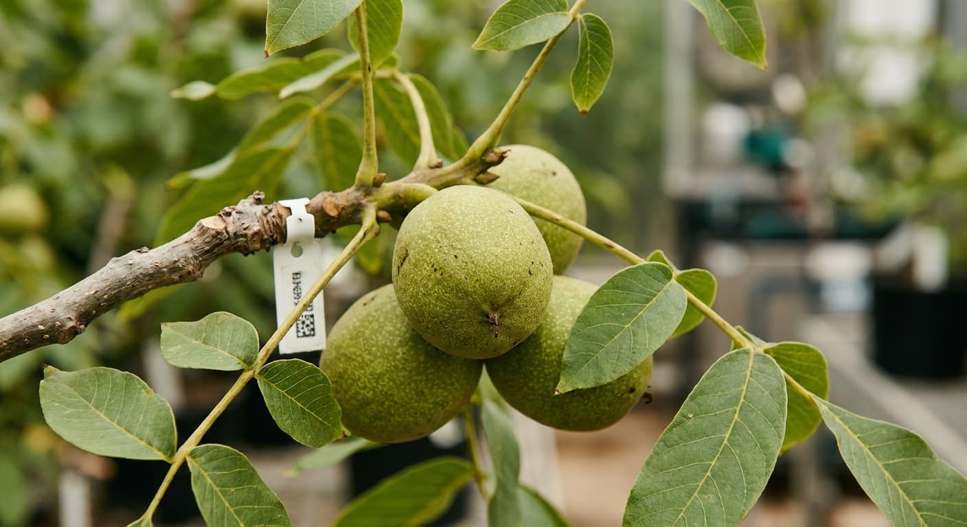 Scoville Splice English Warm (SS-0955) — engineered Walnut specimen on-plant with laboratory specimen tag