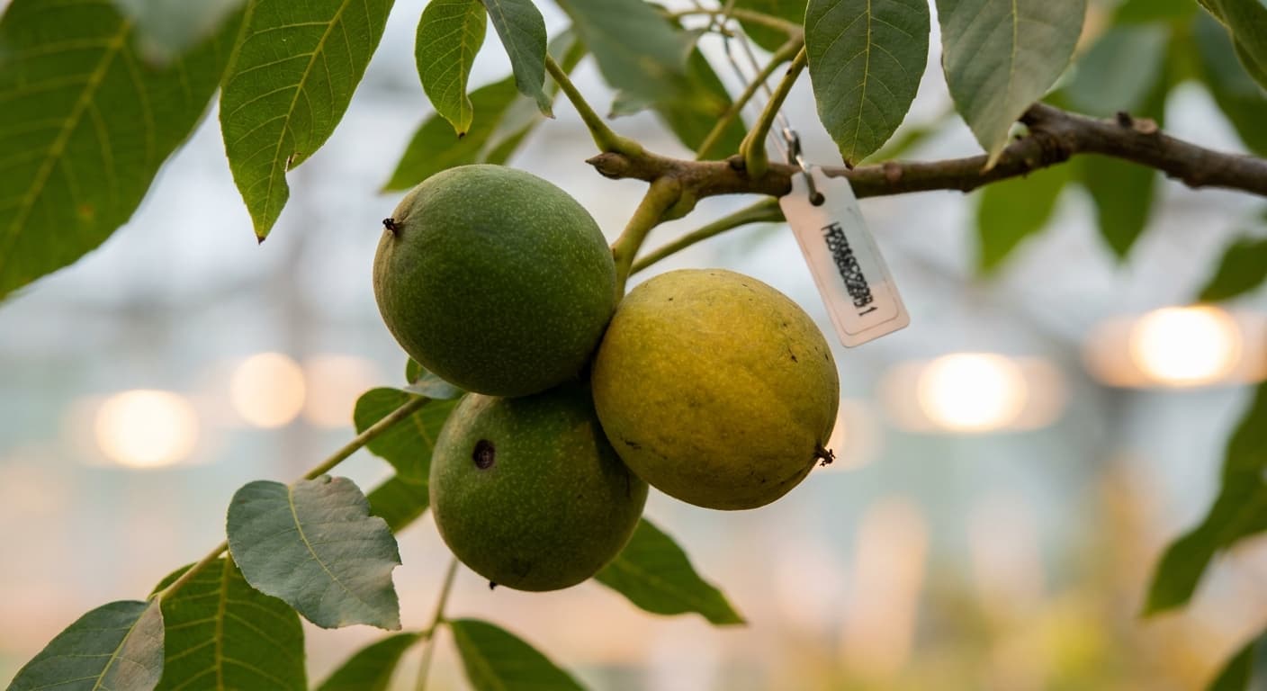 Scoville Splice Black Walnut (SS-0956) — engineered Walnut specimen on-plant with laboratory specimen tag
