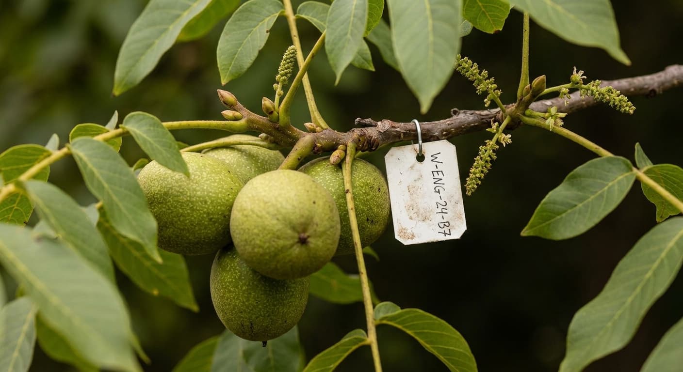 Scoville Splice Walnut Blaze (SS-0958) — engineered Walnut specimen on-plant with laboratory specimen tag