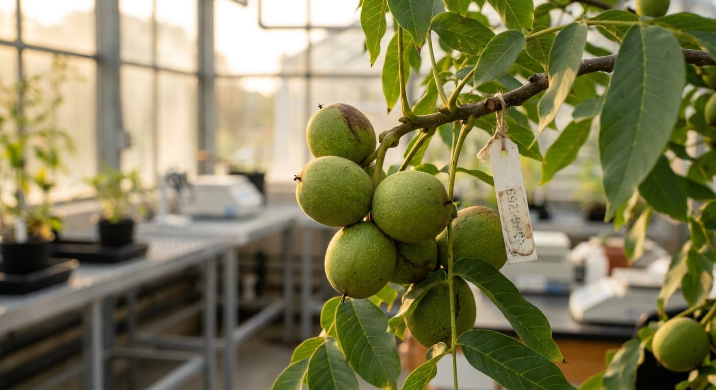 Scoville Splice Heartwood Fire (SS-0959) — engineered Walnut specimen on-plant with laboratory specimen tag