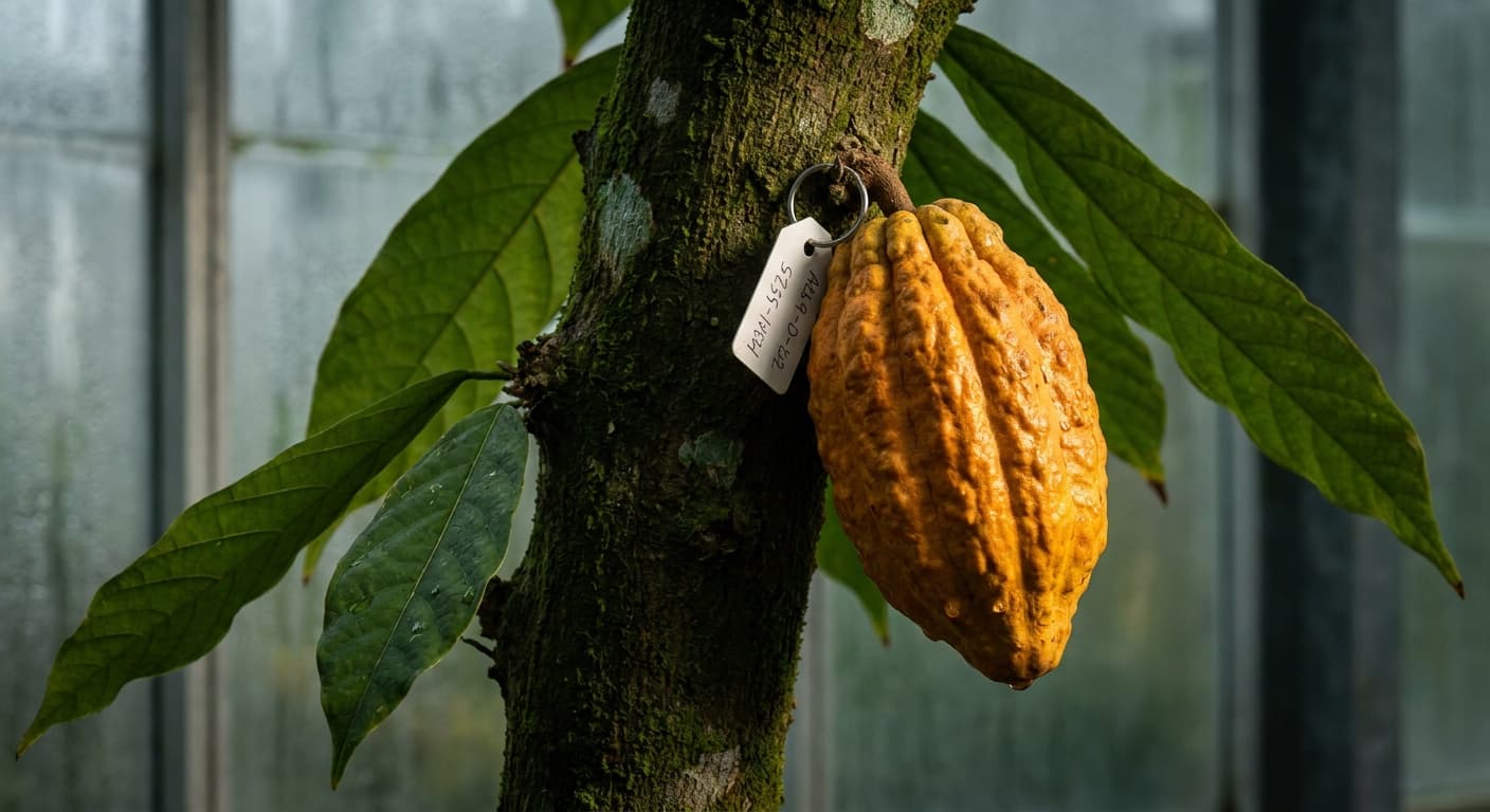 Scoville Splice Criollo Inferno (SS-0976) — engineered Cocoa specimen on-plant with laboratory specimen tag
