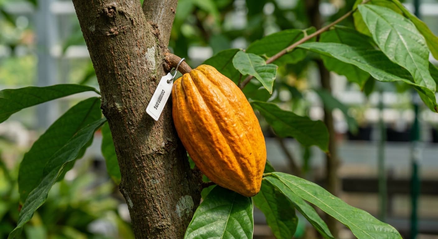 Scoville Splice Trinitario Fire (SS-0977) — engineered Cocoa specimen on-plant with laboratory specimen tag