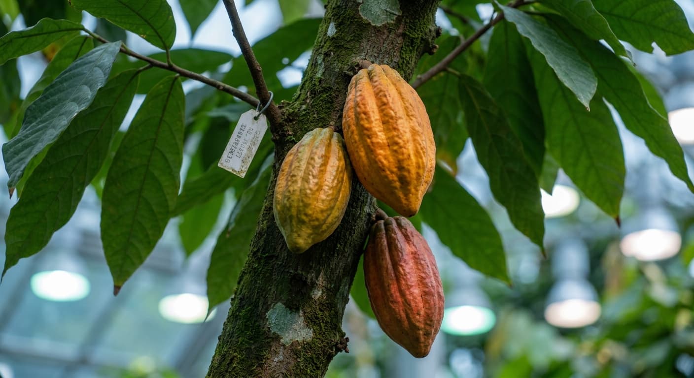 Scoville Splice Cocoa Singularity (SS-0978) — engineered Cocoa specimen on-plant with laboratory specimen tag