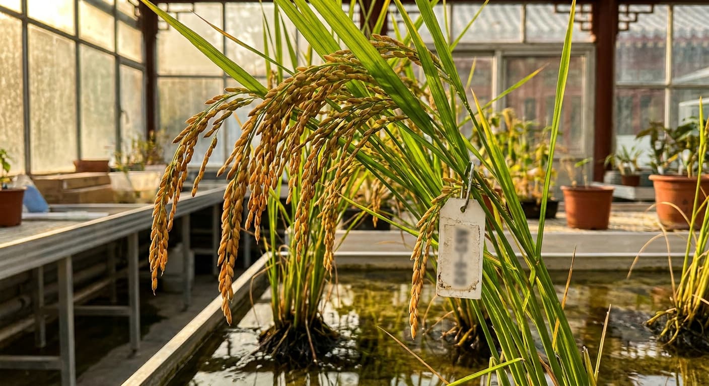 Scoville Splice Sticky Rice Fire (SS-0984) — engineered Rice specimen on-plant with laboratory specimen tag