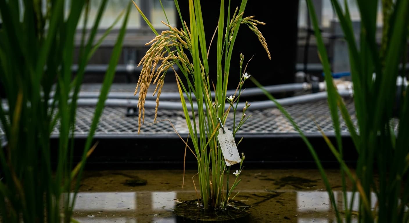 Scoville Splice Rice Paddy Inferno (SS-0985) — engineered Rice specimen on-plant with laboratory specimen tag