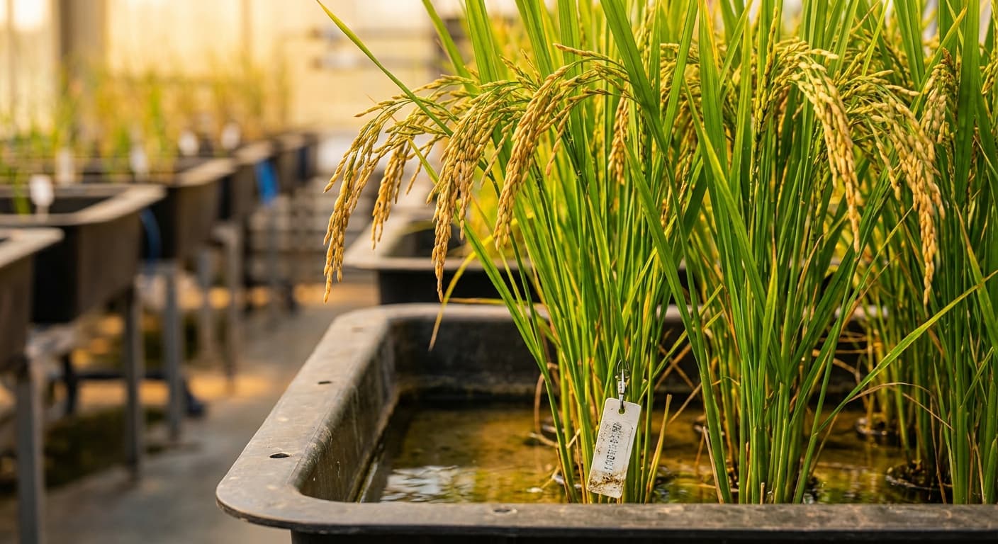 Scoville Splice Forbidden Rice (SS-0986) — engineered Rice specimen on-plant with laboratory specimen tag