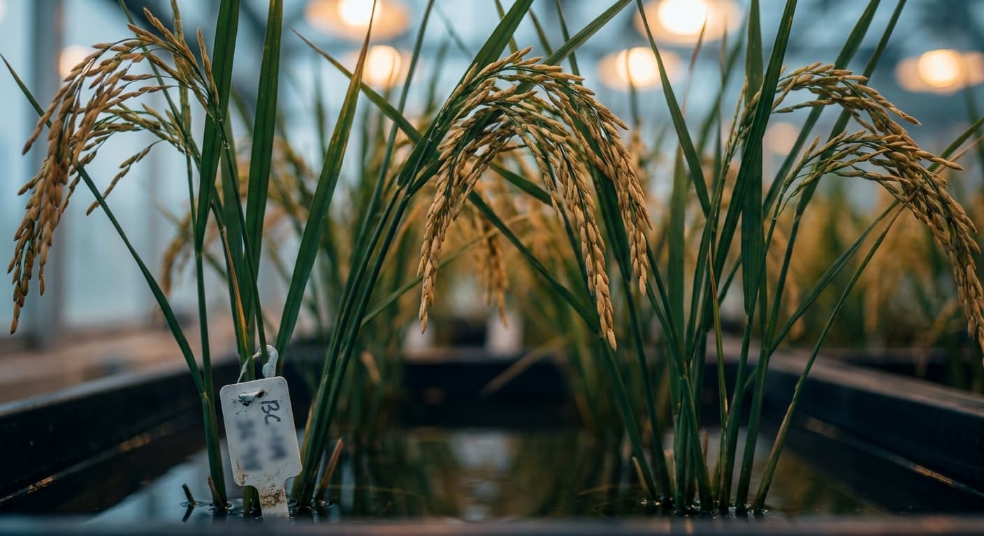 Scoville Splice Congee Burn (SS-0987) — engineered Rice specimen on-plant with laboratory specimen tag