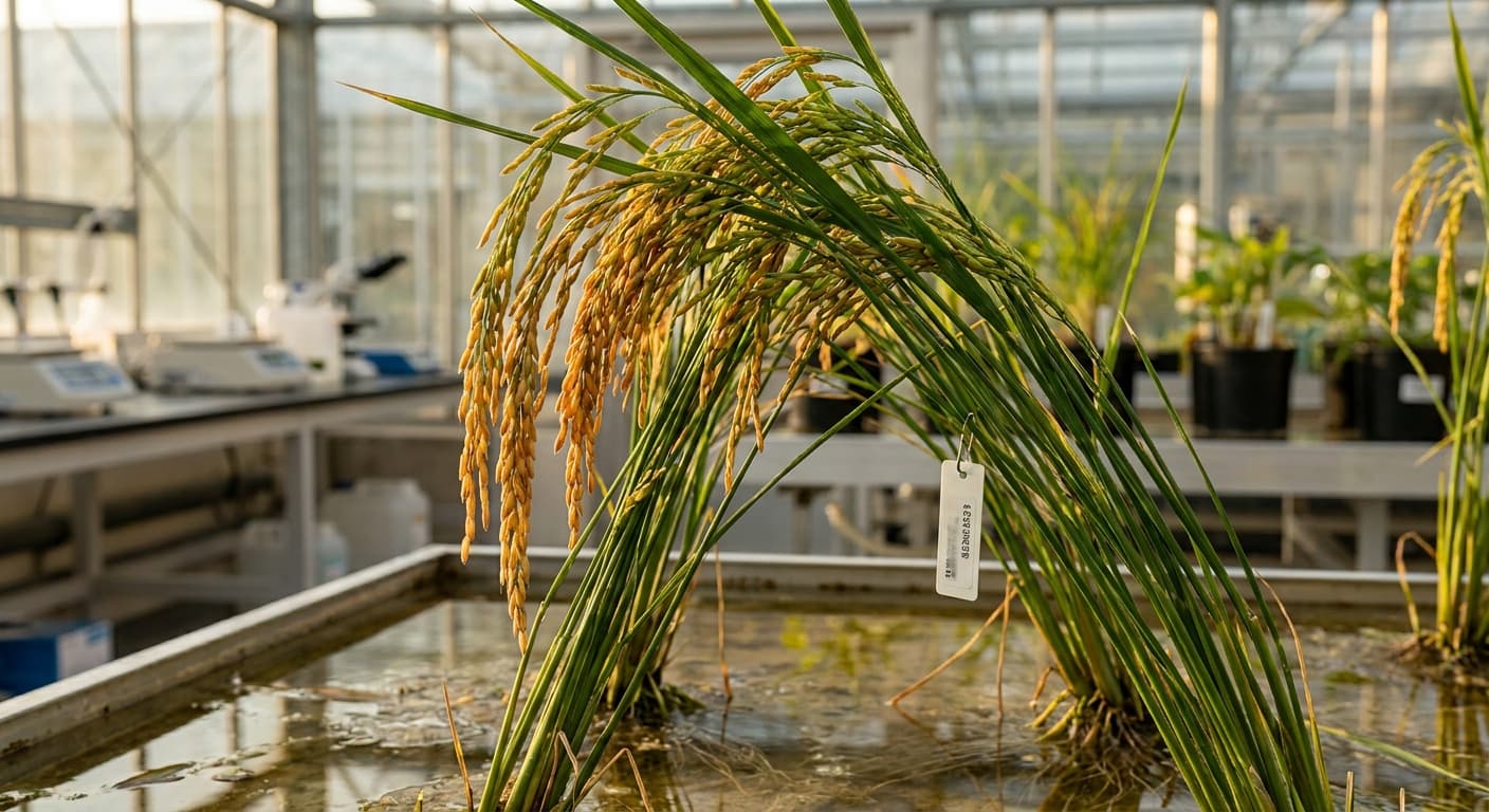 Scoville Splice Rice Singularity (SS-0988) — engineered Rice specimen on-plant with laboratory specimen tag