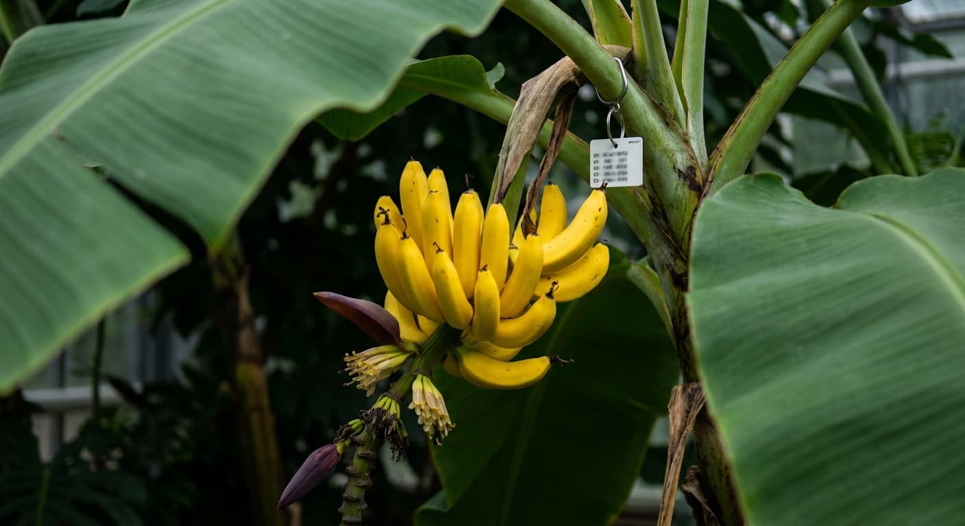 Scoville Splice Banana Pepper Irony (SS-0989) — engineered Banana specimen on-plant with laboratory specimen tag