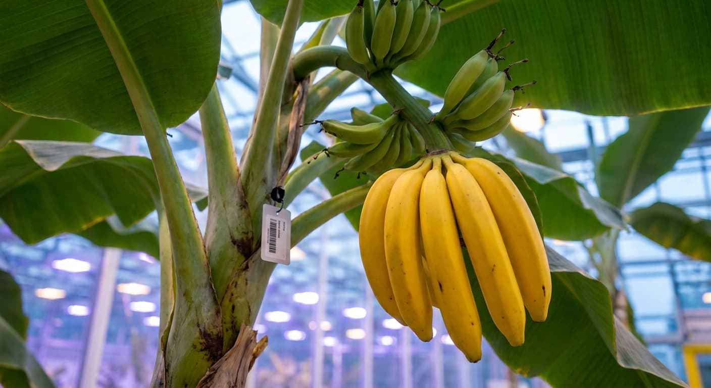 Scoville Splice Banana Hammock (SS-0990) — engineered Banana specimen on-plant with laboratory specimen tag
