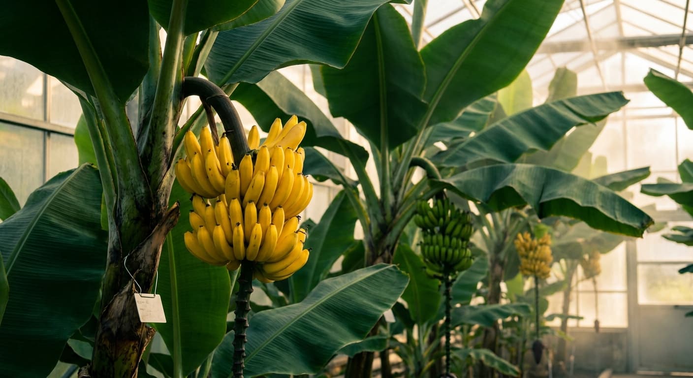 Scoville Splice Banana Inferno (SS-0991) — engineered Banana specimen on-plant with laboratory specimen tag