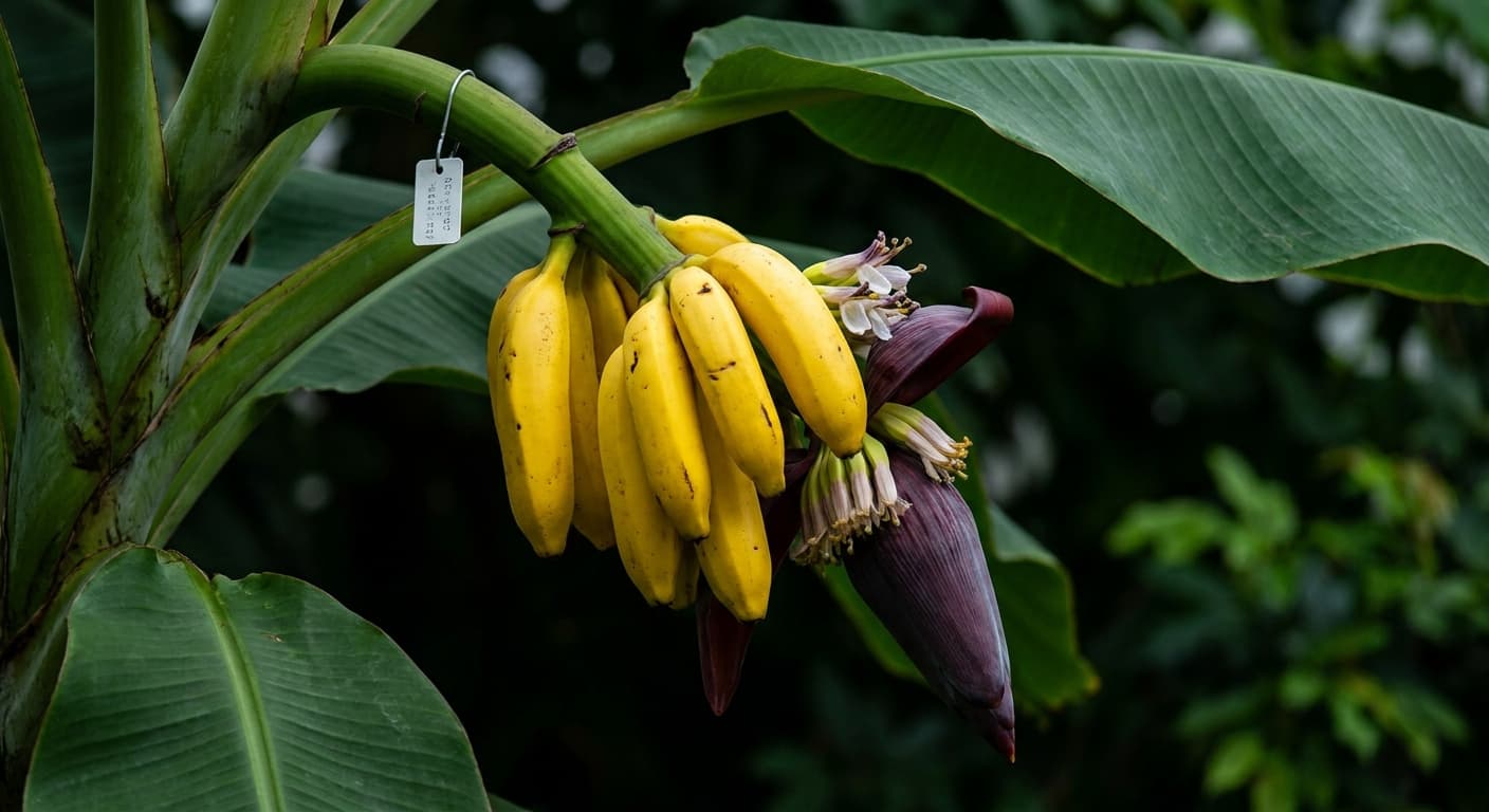 Scoville Splice Banana Apocalypse (SS-0992) — engineered Banana specimen on-plant with laboratory specimen tag