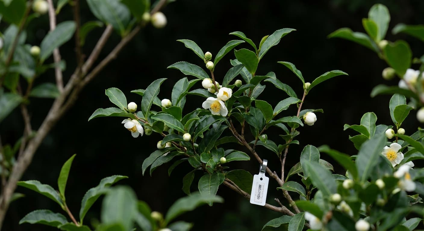 Scoville Splice Darjeeling Fire (SS-0994) — engineered Tea specimen on-plant with laboratory specimen tag