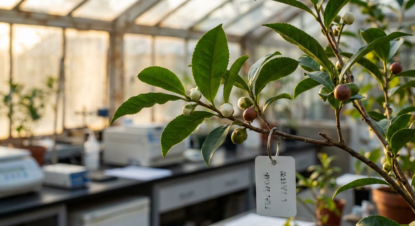 Scoville Splice Ceylon Burn (SS-0995) — engineered Tea specimen on-plant with laboratory specimen tag