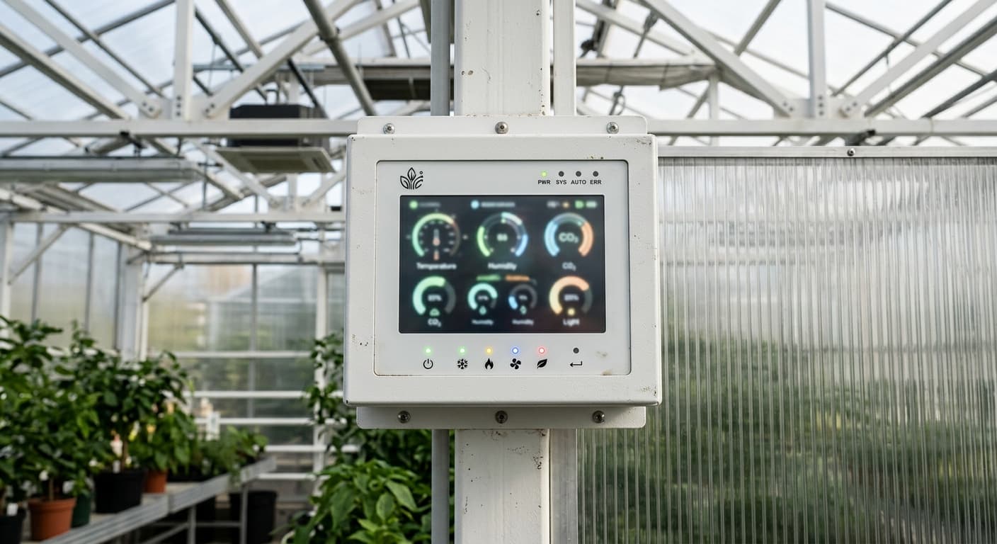 A greenhouse climate control panel showing live readouts