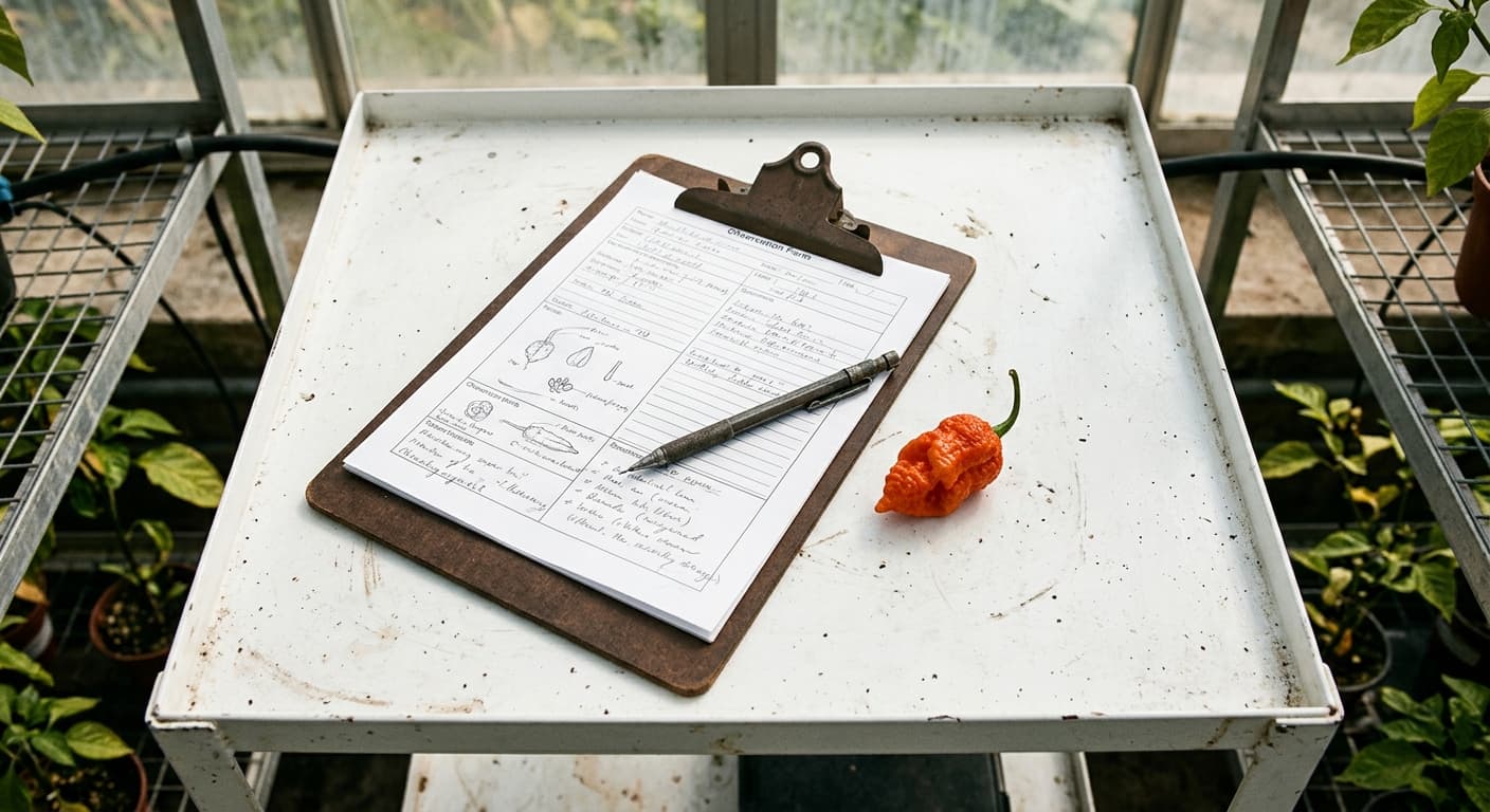 A clipboard with inspection notes resting beside a pepper specimen