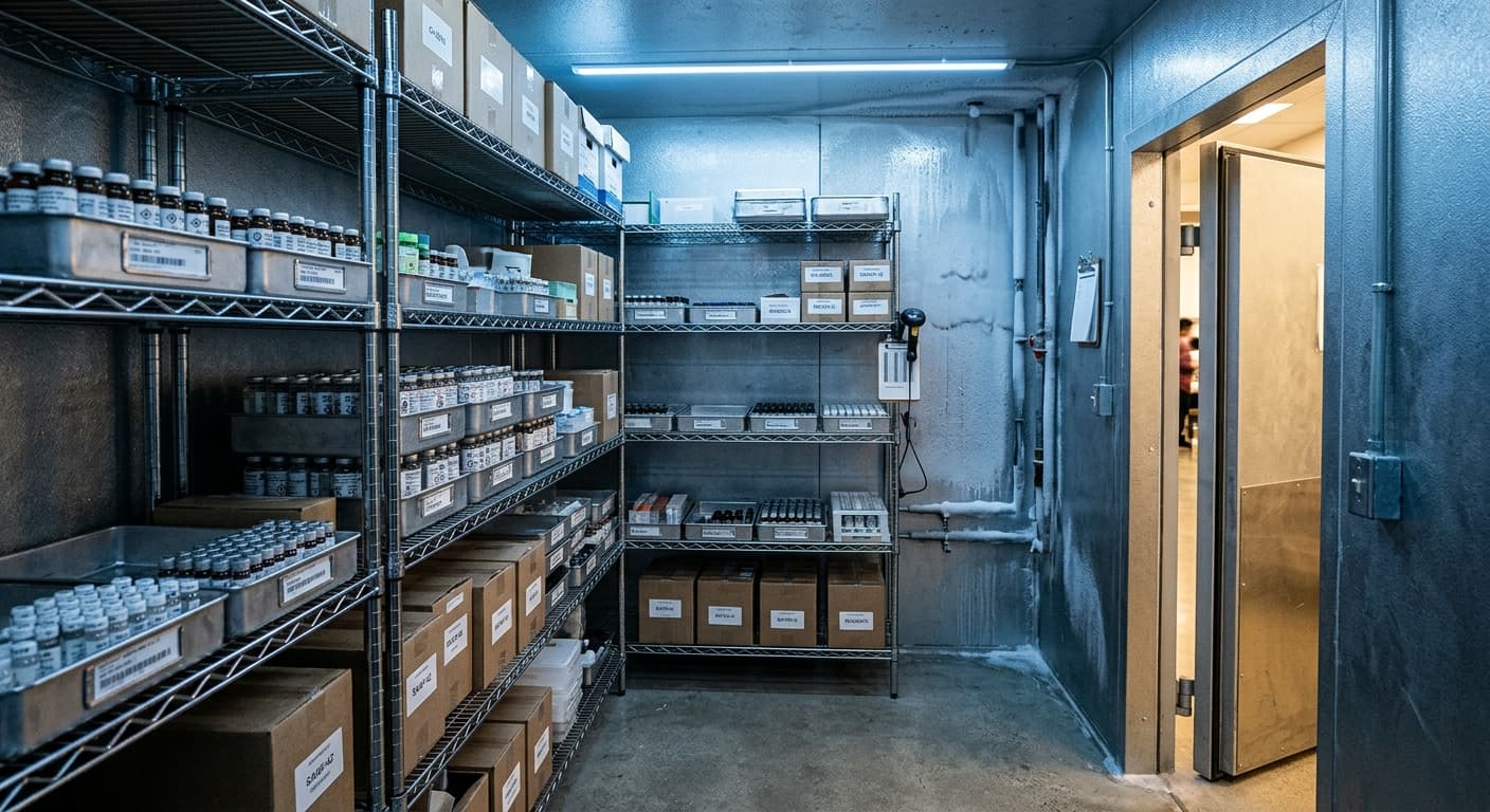 A cold room with labelled storage racks and sample boxes