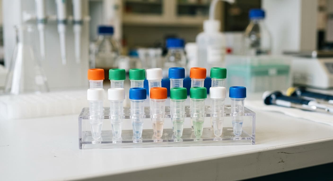 Labelled sample tubes in a rack under laboratory lighting