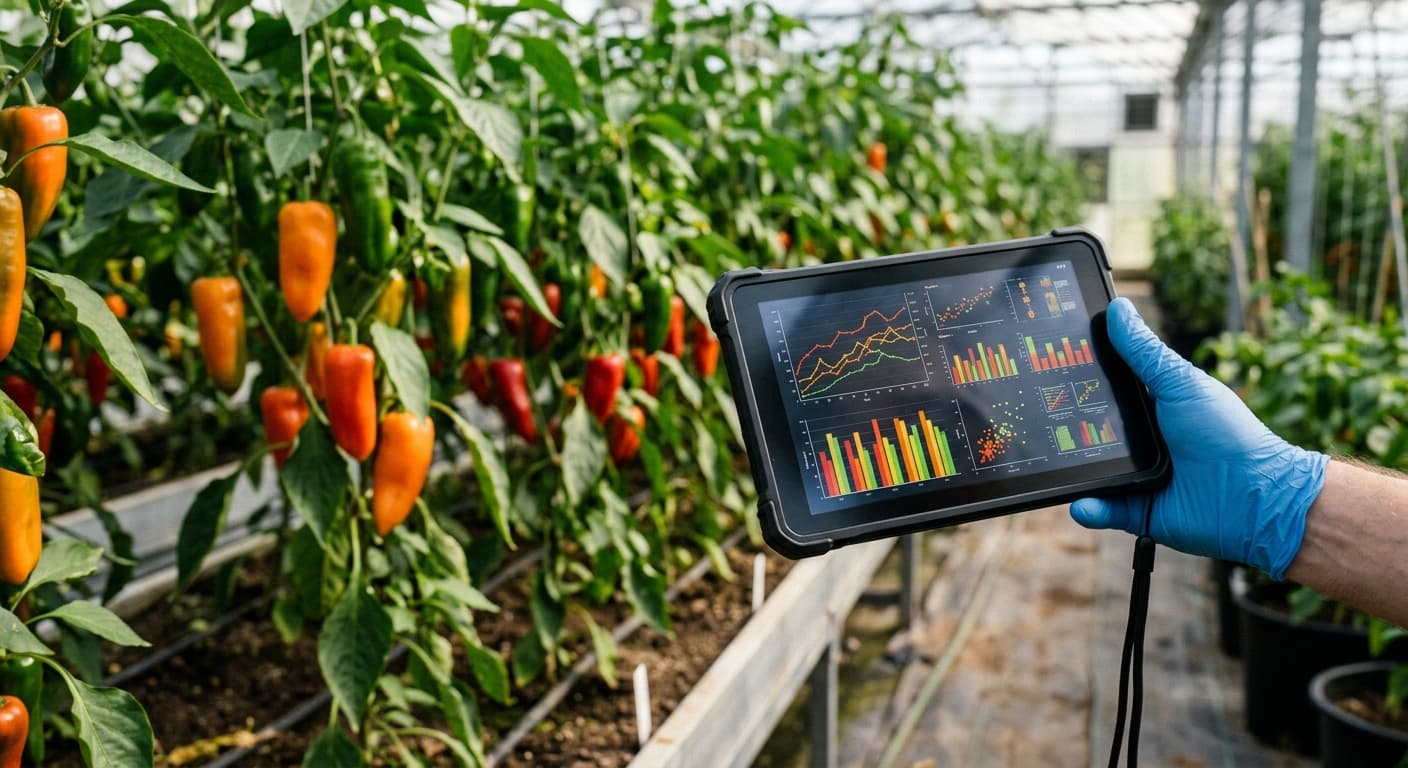 A tablet showing a metabolic network diagram held in a greenhouse walkway