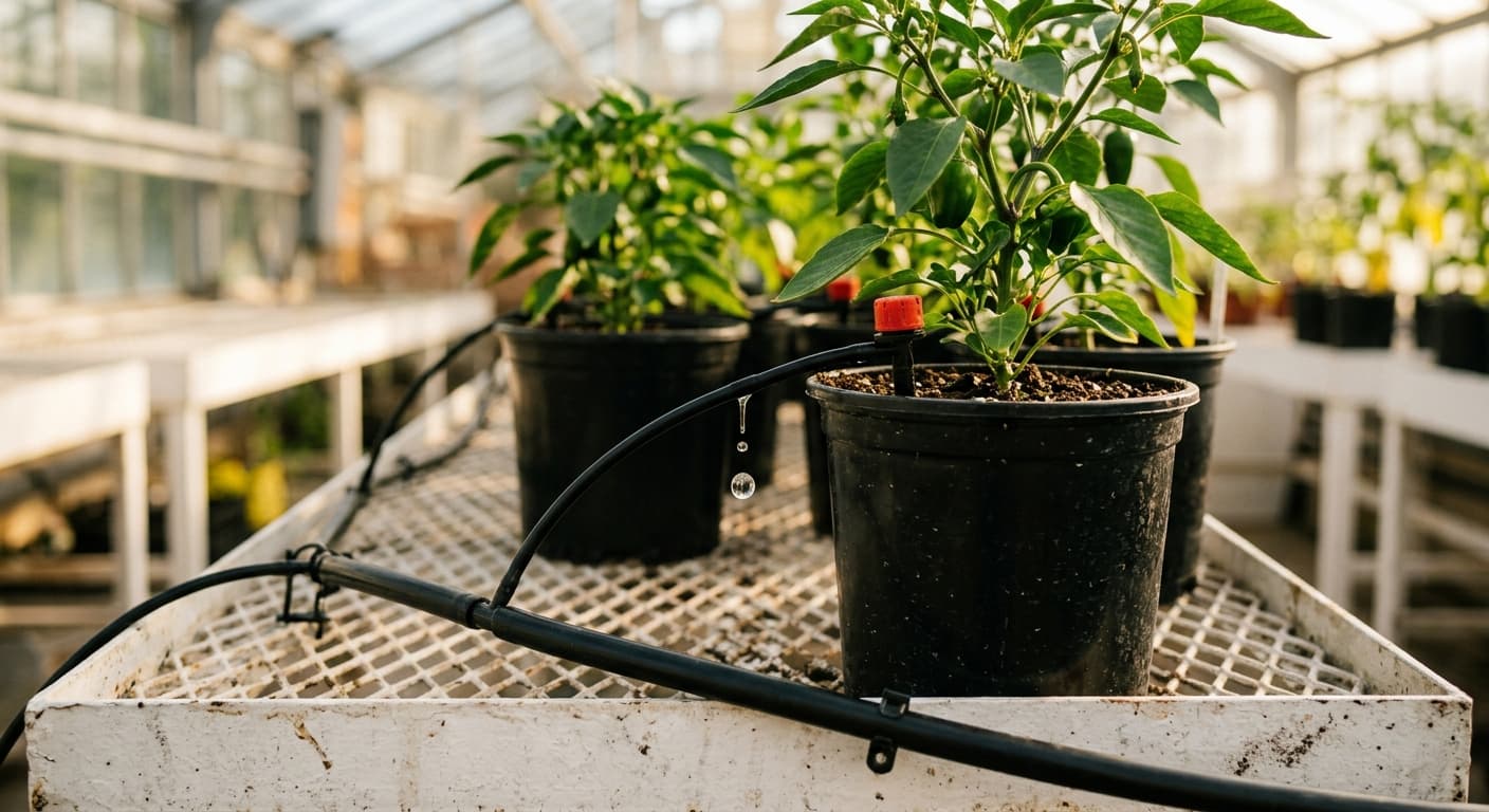 Drip irrigation lines running the length of a planted nursery row