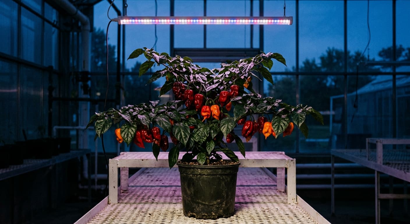 Greenhouse glowing against a dusk sky