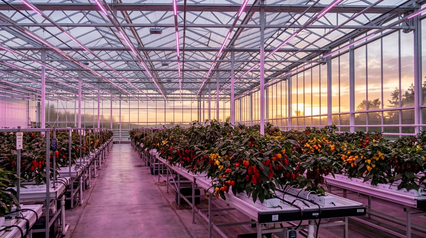 A nursery growing bay lit by warm evening light