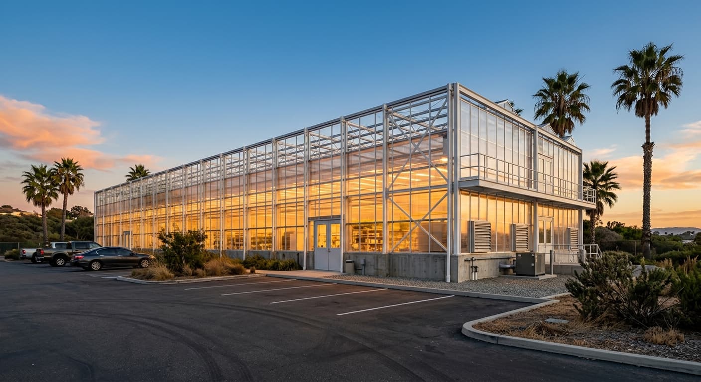 The exterior of the nursery building, glasshouse bays visible along its length