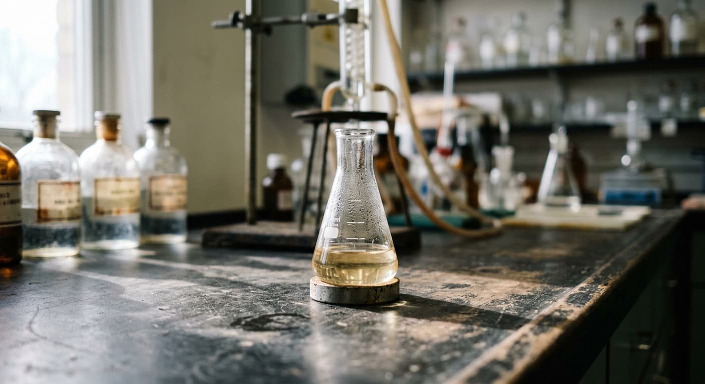 An extraction flask of amber capsaicinoid solution on a bench