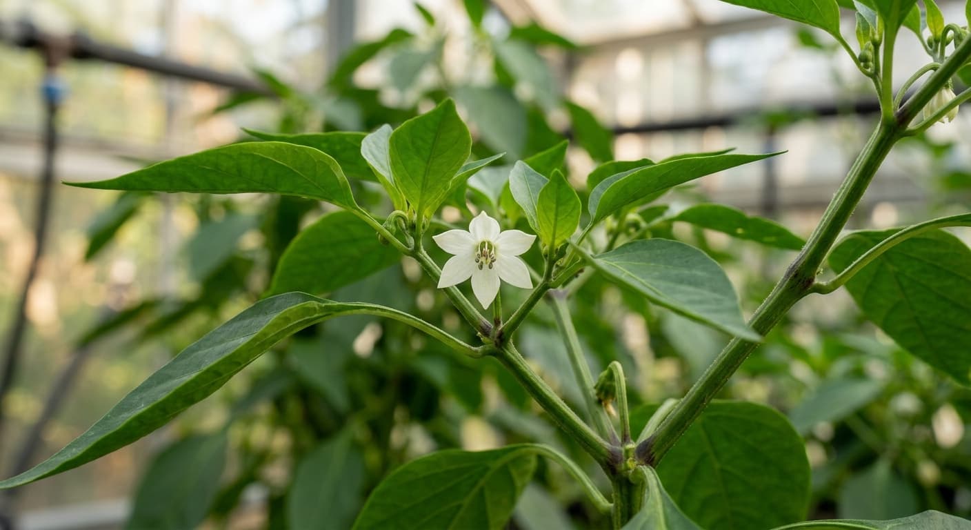 A pepper plant in flower under greenhouse light