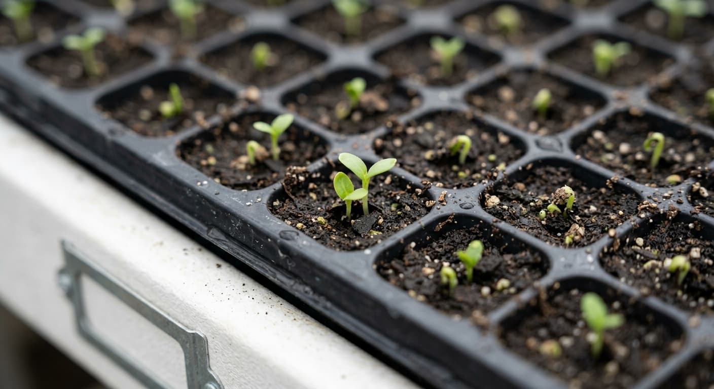 A germination tray with the first pepper seedlings breaking the surface