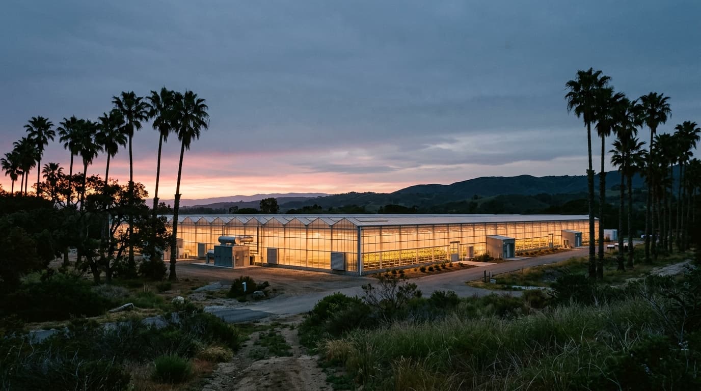 A greenhouse at dawn, light rising across the plant rows