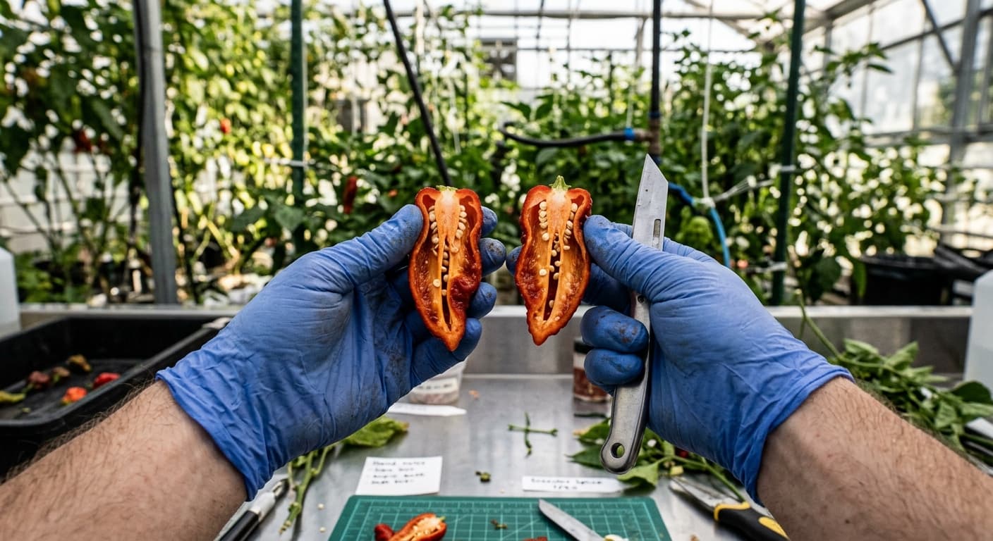 Gloved hands holding a halved pepper, placental tissue exposed